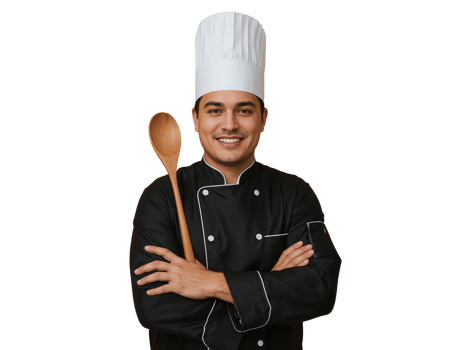 Confident male chef in professional uniform poses with wooden spoon on transparent backdrop png