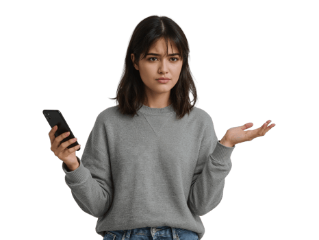 Confused young woman holding smartphone expresses bewilderment with uncertain gesture on png