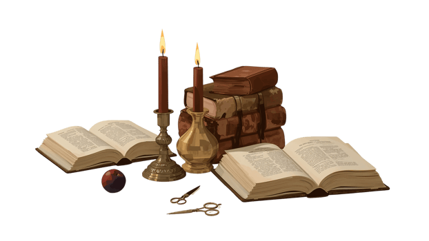 Vintage still life with antique books, burning candles, and golden candle holders on isolated png