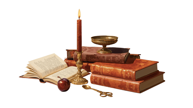 Isolated Still Life Composition with Antiquarian Books, Candlelight and Vintage Objects png