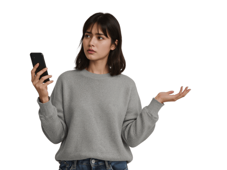 Confused young woman looking at her phone, puzzled expression on transparent isolated backdrop png