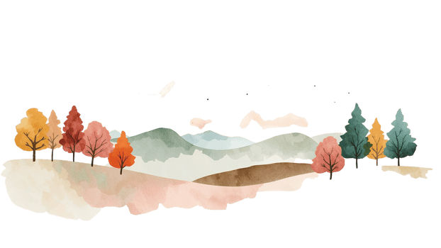 Watercolor autumn landscape at night, featuring trees, hills, and a bird flying in an isolated png