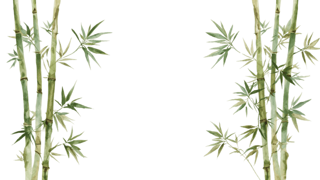 Botanical watercolor painting featuring vibrant bamboo stalks and verdant leaves on an isolated png