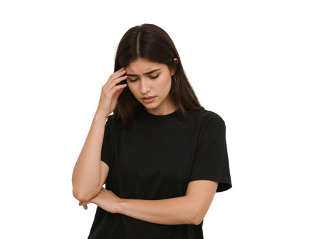 Young woman in distress with hand on forehead against transparent expanse of emotion png