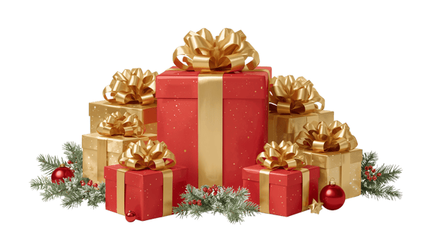 Festive christmas gift arrangement with decorative gold bows and ribbons against isolated backdrop png