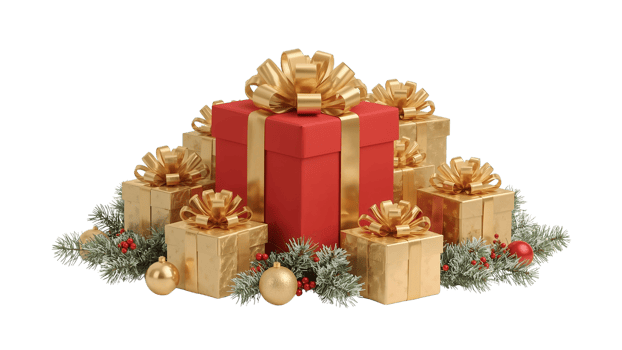 Elegant gift arrangement with frosted pine and ornaments celebrating the season png