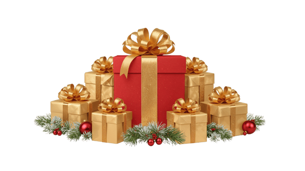 Elegantly arranged gift boxes in gold and red colors with golden bows, festive celebration png