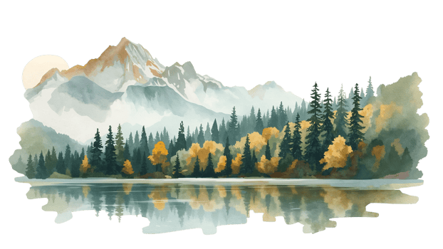 Watercolor landscape depicting a serene mountain lake with autumn foliage reflections on an png