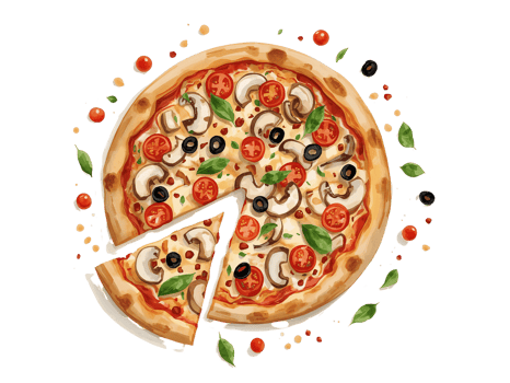 Delicious watercolor pizza adorned with fresh tomatoes, mushrooms, and olives with transparent png
