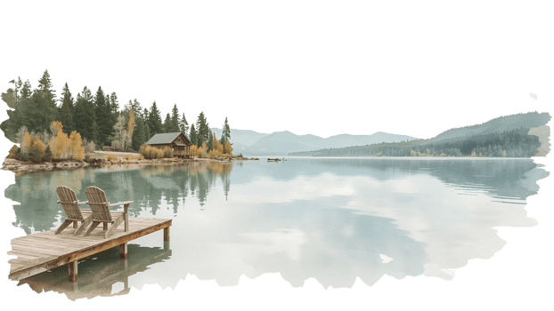Tranquil lakeside cabin scene with reflective waters and autumnal forest hues on a sunny day png