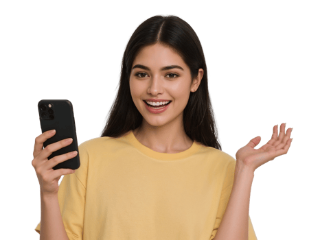 Excited young woman presenting a mobile device on a transparent cutout showcasing its png