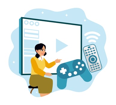 Woman gaming with controller in front of screen vector