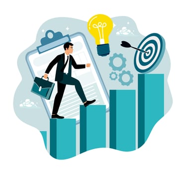 Businessman climbing graphs with lightbulb vector