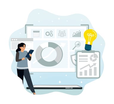 Woman examining data analytics on tablet vector