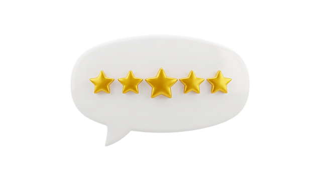 3d illustration of five star rating in a speech bubble isolated on transparent background png