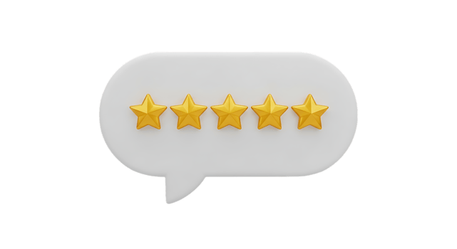 3d illustration of five star rating in a speech bubble, isolated on transparent background png