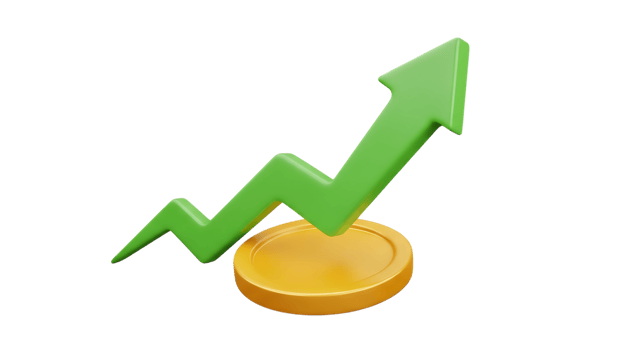 3d illustration of green upward arrow over gold coin isolated on transparent background png