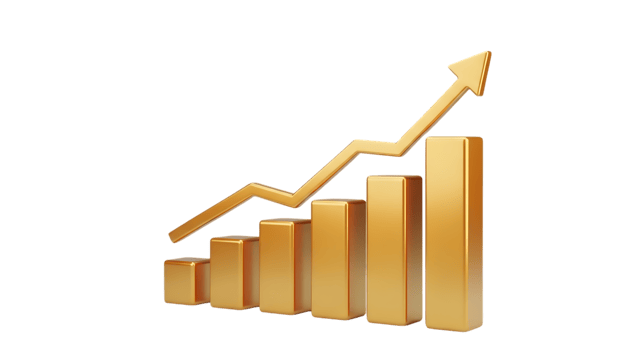 3d illustration of golden bar chart with upward trending arrow isolated on transparent background.grouth mindset png