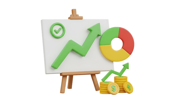 3d illustration of business growth chart with upward arrow and coins isolated on transparent background png