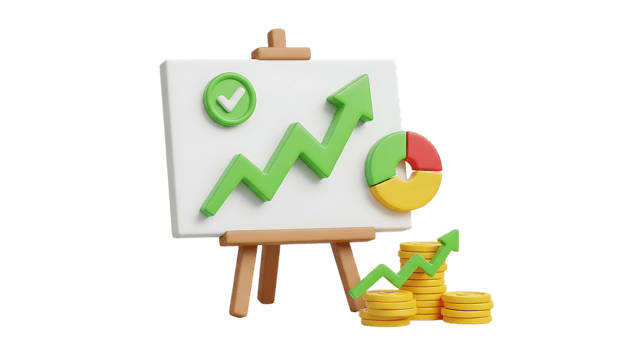 3d illustration of financial growth chart with upward arrow and coins isolated on transparent background png
