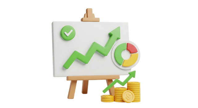 3d illustration of financial growth chart with coins and pie chart isolated on transparent background png