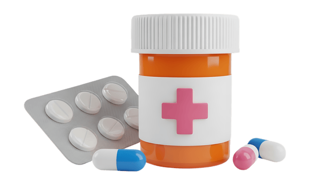 3d illustration of pills and a medicine bottle with a cross symbol isolated on transparent background png