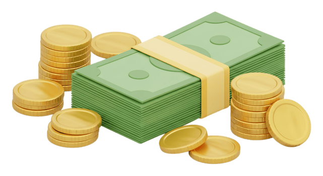 3d illustration of stack of money and gold coins isolated on transparent background png