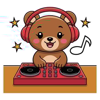 DJ Bear Red Headphones Cute Cartoon Animal Mixing Music on Turntable Clip-art vector