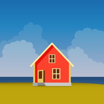 Charming red house illustration set against a seaside backdrop with clear skies and fluffy clouds. Ideal for rural or coastal themes. vector