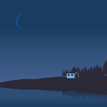 Peaceful night scene of a small cabin by the lake under a crescent moon. Minimal art for serene and tranquil themes. vector