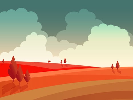 Sunset landscape with green hills, trees, and colorful clouds. Ideal for backgrounds, posters, or nature-themed designs. vector