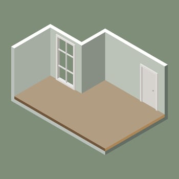 Isometric illustration of an empty room interior featuring a wooden floor, window, and door. Clean design ideal for architectural and interior concepts. vector