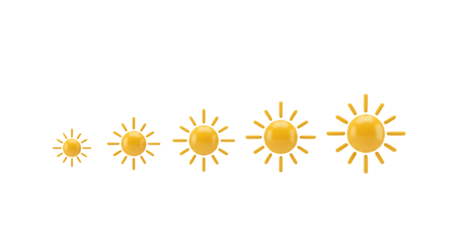 3d illustration of five yellow suns of increasing size isolated on transparent background png