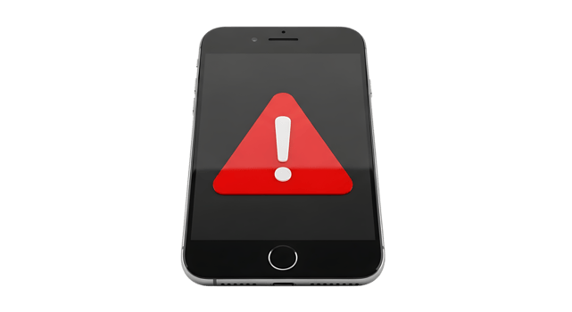 3d illustration of smartphone displaying a red warning triangle with exclamation mark isolated on transparent background png