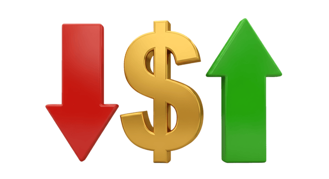 3d illustration of dollar sign with up and down arrows isolated on transparent background png