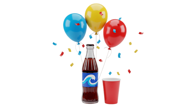 3d illustration of party celebration with soda, balloons, and confetti isolated on transparent background png