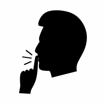 A man's head with a shhh gesture shows a black man's face and hand, his finger covering his mouth. Please be quiet against a white background. vector