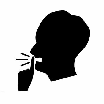 A illustration of a man's head with a shhh gesture shows a black man's face and hands on a white background. His fingers are covering his mouth. vector