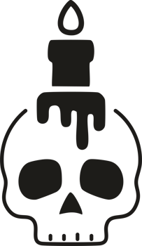 A spooky Halloween candle with a skull on the side and a dripping wax effect. png