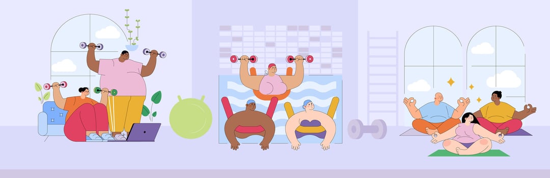 Group exercising in a colorful gym vector