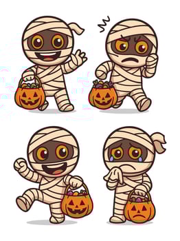 Cute Cartoon Mummy Characters with Halloween Candy Buckets vector