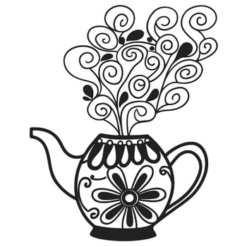 Whimsical floral teapot illustration with swirling abstract steam, decorative flower design, creative black and white doodle art vector