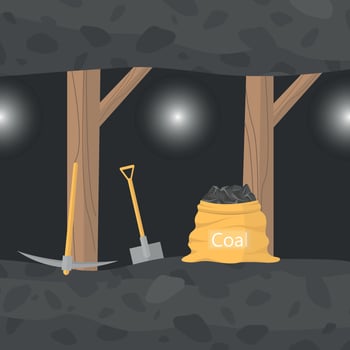 Coal mine with supports, coal sack, shovel and pick. Coal industry. Coal mining. Business. vector