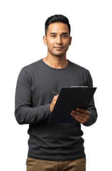 Young asian male adult holding clipboard. png