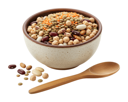 Mixed legumes in ceramic bowl with wooden spoon. png