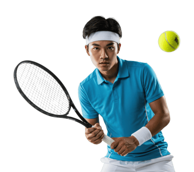 Young asian male tennis player in blue polo returning ball. png