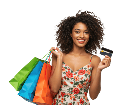 Smiling young african female holding shopping bags and credit card. png