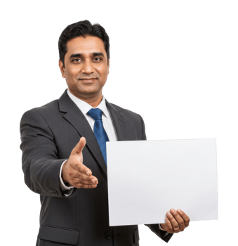 Asian male businessman offering handshake and holding blank sign for promotion. png