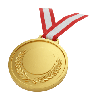 Golden medal with red and white ribbon featuring laurel wreath. png