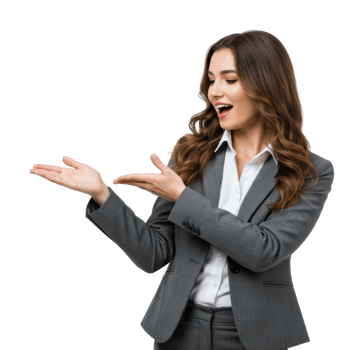 Young female in business attire gesturing with enthusiasm. png